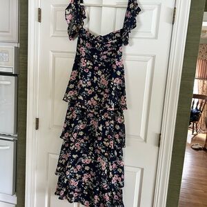 Lulu's Charming Passion Navy Blue Floral off the shoulder maxi Dress